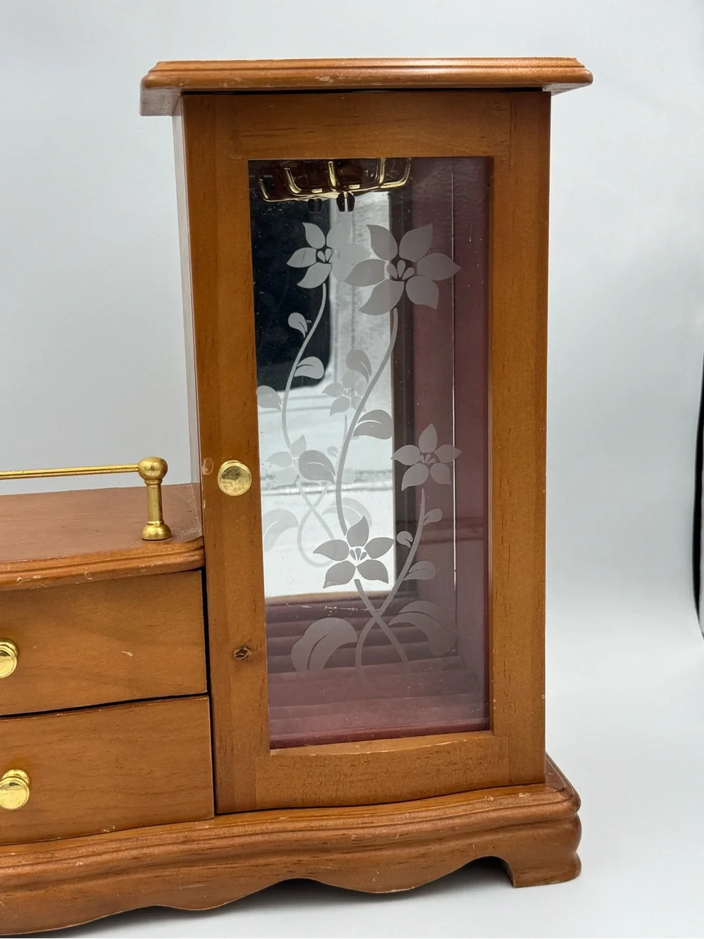 Vintage Musical Wooden Jewelry Box Armoire‎ Etched Glass Door w 2 Drawers